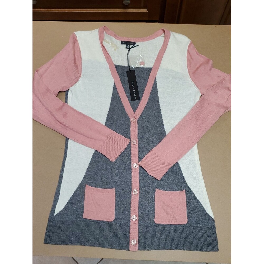 Willi Smith Pink, Gray & White Color Block Button-Front Lightweight Cardigan